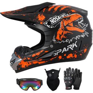 SPARK DOT Certified Kids Youth Dirt Bike ATV Motocross Helmet with Dinosaur, Dino Orange, Medium