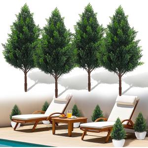 Artificial Cedar Topiary Plants: 20 Inch (4P) UV Resistant Faux Pine Stems Shrubs Plastic Greenery for Outdoor Indoor Home Decor, Garden, Front Porch, Office, Restaurant & Holiday Party