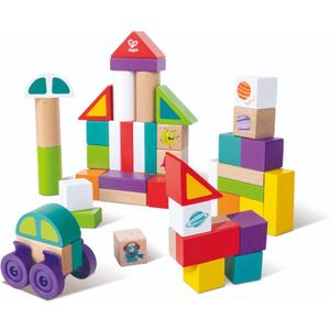 Hape: Space Monster Stacking Blocks - 54pc Wooden Colorful Various Shapes Set, Wheels to Build A Car, Stack & Play Toy, Kids, Toddlers & Baby Ages 1+