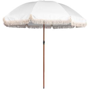 7.5Ft Patio Beach Umbrella with Fringe & Tassel, UPF50+ Push Button Tilt & Crank, Ideal for Garden, Lawn, Deck, Yard & Pool (White)