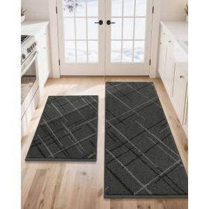 COSY HOMEER Kitchen Mats, 2 PCS Kitchen Rug Non Slip Washable, Absorbent Runner Rugs for Kitchen Floor, Polyester Kitchen Sink Rug 24"x36" + 24"x60"(Grey)