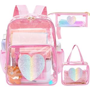 Eccliy 3 Pcs Clear Backpacks for Kid School, Heavy Duty 17 Inch Transparent Backpack with Lunch Bag and Pencil Bag(Rose Pink,Rainbow Heart), 11 Inch