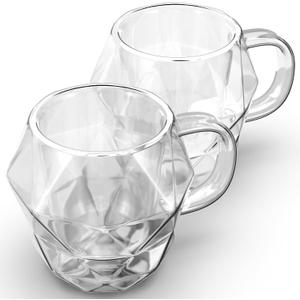 Elle Decor Insulated Coffee Mug, Set of 2 (10-Oz, 300ml), Double Wall Diamond Shaped Glasses, Tea Cups, Glass Coffee Mug for Lattes, Americano, Espresso, Clear Mugs