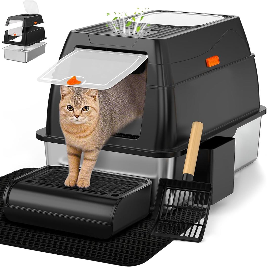 Vivifying Stainless Steel Litter Box with Lid, XL Front Entry Enclosed Extra Large Litter Box for Big Cats & Kitty, Top Exit Metal Cat Pan with Scoop, Mat, Footboard, Charcoal Filter (Black)