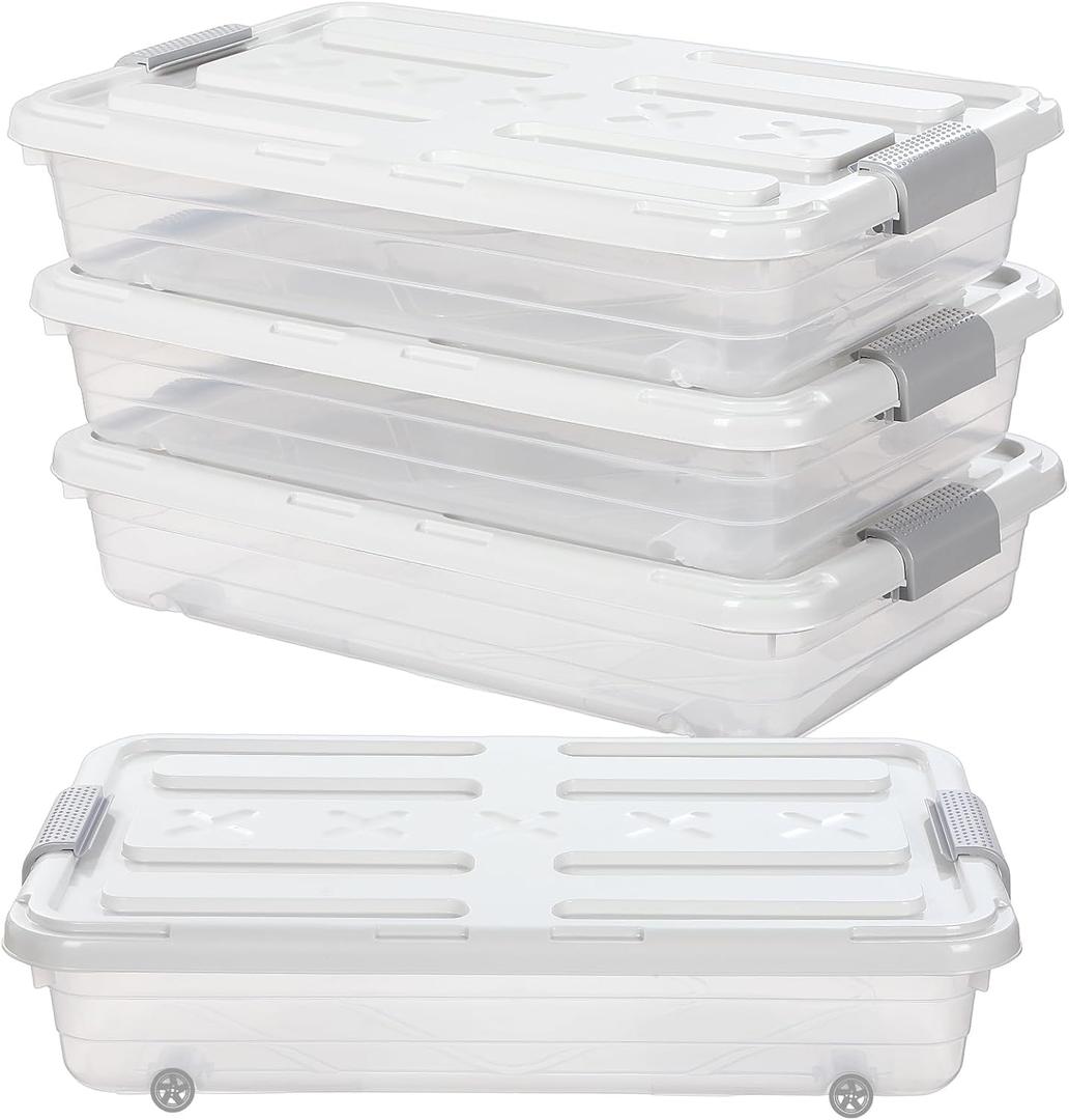Beeveer 4 Pcs Plastic Under Bed Storage Containers with Lid Wheel Handle, Transparent Large Capacity Stackable Latching Storage Bins for Closet Bedroom Clothes Shoes Blanket(23.7 x 15.8 x 5.2, White)