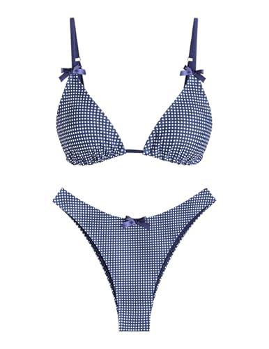 seamoly Womens String Bikini Sets Bowknot Triangle High Cut Thong Open Back Bathing Suit 2 Piece Swimsuits Blue Gingham S