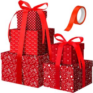 Geyoga 5 Pcs Valentine's Day Gift Boxes Square Nesting Boxes with Lids Square Box 5 Assorted Sizes Stackable Gift Box for Valentine's Day Wedding Party Present Packaging(Red Heart)