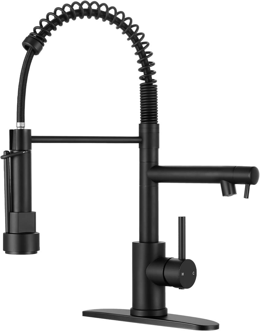 Kitchen Faucets with Pull Down Sprayer, Single Handle Double Headed, Stainless Steel Commercial Kitchen Sink Faucet with Deck Plate Cover, 1 or 3 Hole, Matte Black