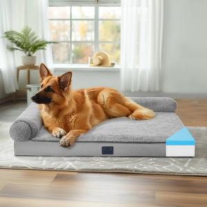 Veehoo Memory Foam Orthopedic Dog Beds-4" Thickened Washable Large Pet Bed with Removable Fluffy Dutch Velvet Bolster Cover & Non-Slip Bottom, Dog Sofa Bed for Large Dogs, 35 * 26 in (Light Gray)