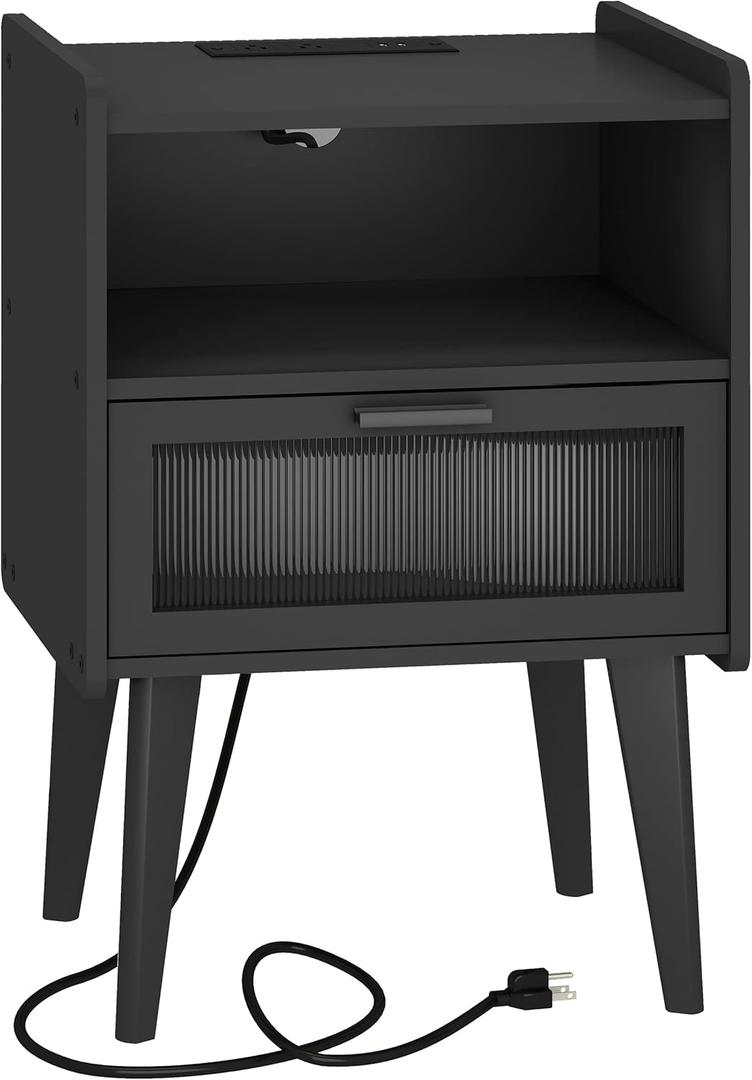 Nightstand with Charging Station, Bedside Tables, End Table Side Table with 2 Tiers Storage Space, for Bedroom, Living Room, Black 