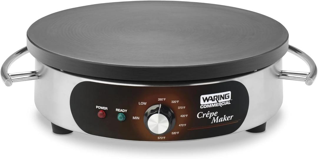 Waring Commercial WSC160X 16" Electric Crepe Maker, Cast Iron Cooking Surface, Stainless Steel Base, Includes Batter Spreader and Spatula, 120V, 1800W, 5-15 Phase Plug