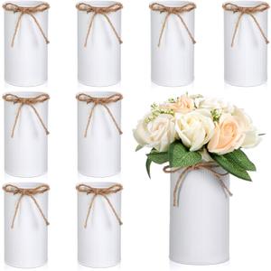 Rustic Vase for Table Centerpieces 5.91 Inch Flower High Vase with Twine Bow Vintage Farmhouse Decor for Wedding Reception Dining Baby Shower Home Galvanized Metal Buckets(White,8 Pcs)