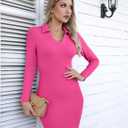 Valiamcep Women's Dress Long Sleeve V Neck Collared Ribbed Knit Bodycon Mini Pencil Dresses (Pink, M)