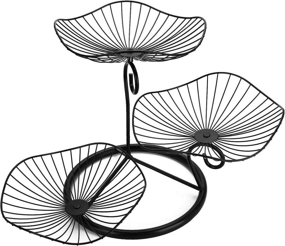 OwnMy 3-Tier Fruit Basket Stand Decorative Iron Fruit Bowl, Metal Wire Fruit Holder Storage Trays Table Countertop Holder for Vegetables Bread Snack, Modern Lotus Fruit Bowls for Kitchen Counter Table (Black)