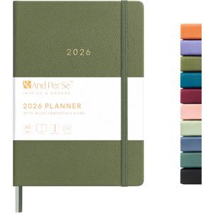 And Per Se 2026 Planner-Daily, Weekly & Monthly Leather Hardcover Planner, 5.7" x 8", Daily Schedule, 100 GSM Thick Paper, Back Pocket (Olive Green)