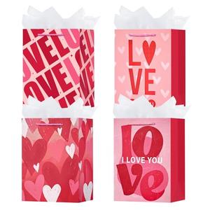 OFIHANLY 4 Pack 9" Small Size Valentine's Day Gift Bags with Handles for Women Men Pink Heart&Love Paper Gift Wrap Bags with Tissue Paper for Kids