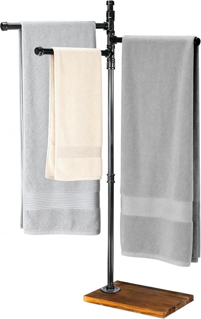 Hjarta 360 Swivel Standing Towel Rack, Free Standing Towel Holder with Wooden Base, Towel Stand with 3 Arms for Bathroom, Poolside