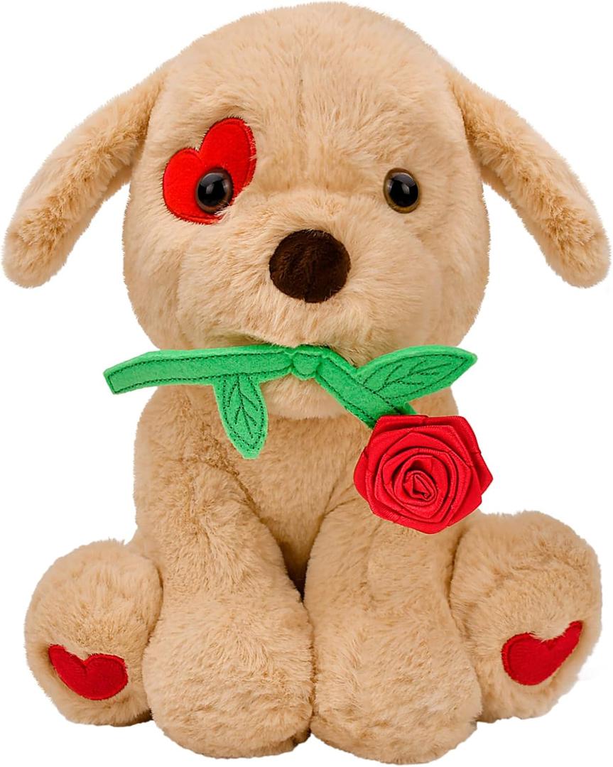 Mothers Day Gifts for Mom: 10 inch Funny Cute Plush Dog with Rose for Mom Wife Fiance Girlfriend Women Kids Naughty Stuffed Animals Romantic Gifts for Birthday Valentines Day Wedding Anniversary Xmas
