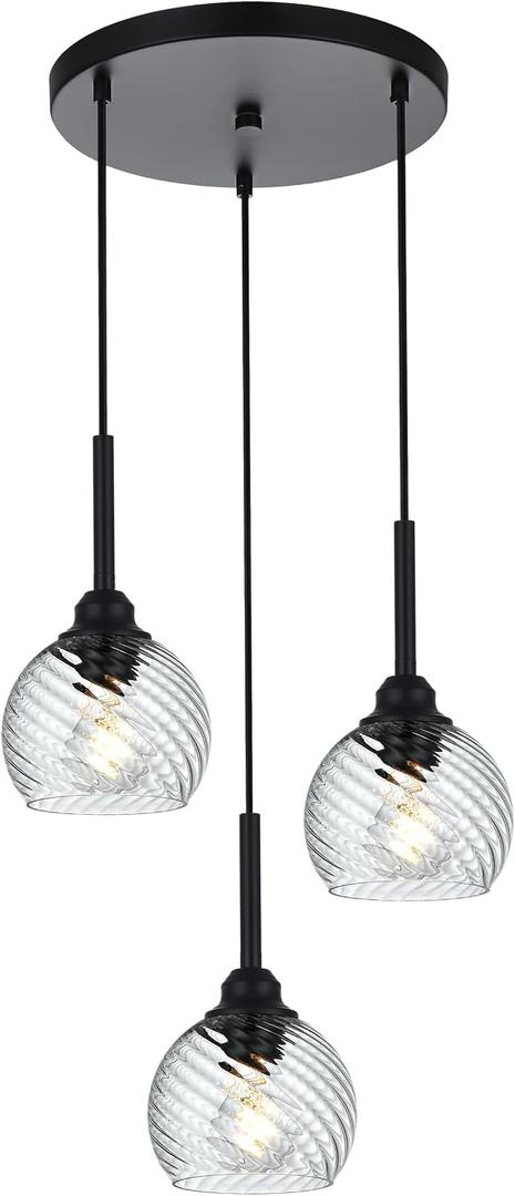 3 Light Black Cluster Pendant Light with Striped Swirl Globe Glass Pendant Lighting for Kitchen Island, Modern Dining Room Light Fixtures Over Table Hanging Ceiling Light, E26 Base