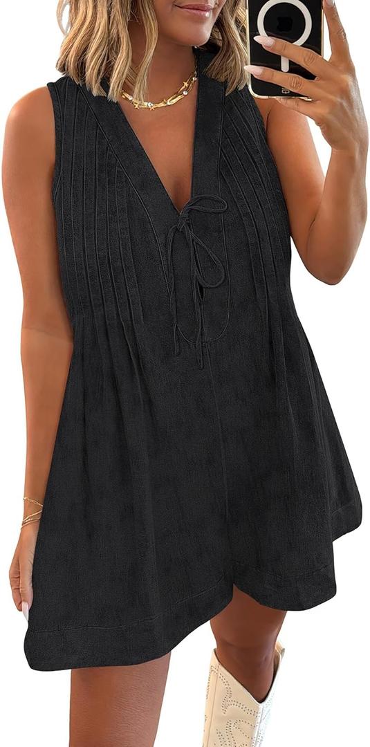 Caracilia Women Oversized Denim Romper Summer Casual V Neck Tie Front Sleeveless Jean Jumpsuits Short Overalls with Pockets (X-Large, Black)