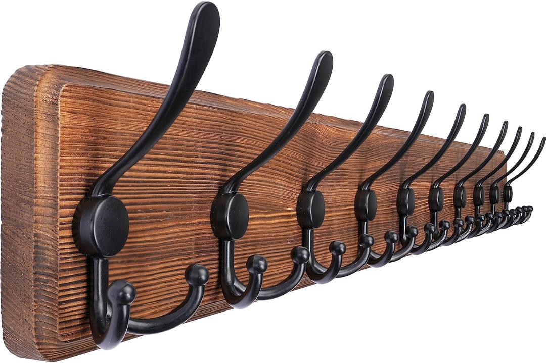 SKOLOO Rustic Large Coat Rack Wall Mount-38.6'' Long Coat Rack for Wall, Wood Coat Rack Hook, Farmhouse Coat Hanger Wall Mount for Hanging Jacket Coat (1 Item-10 Hooks, Brown Plate & Black Hook)