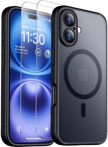 SPIDERCASE Magnetic for iPhone 16 Plus Case,with 2 Pcs [Tempered Glass Screen Protector] Translucent Matte Back Slim Shockproof Protective Phone Case for iPhone 16 Plus 6.7'',Black 2 Pack