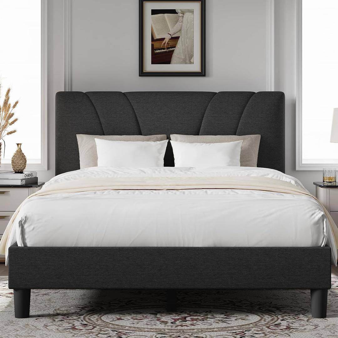 Novilla Queen Bed Frame with Headboard, Bed Frame Queen Size with Wood Slats Support, Linen Upholstered Adjustable Headboard, No Box Spring Needed, Heavy Duty Feet, Easy Assembly, Dark Grey