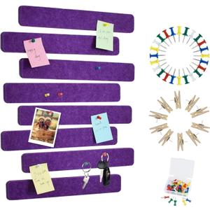 Vuzvuv 8 pcs Bulletin Board Bar Strips with 50 Pushpins & 10 Wooden Clip pinsSelf Adhesive Cork Board for WallFelt Pin Board for SchoolOffice Decor(Purple) (Rectangle)