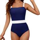 ETOSELL Womens One Piece Swimsuits Summer Tummy Control Bathing Suit Color Block Square Neck Slimming Swimwear (Blue, S)
