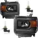 Headlights for 2014-2018 GMC Sierra 1500/2015-2019 GMC Sierra 2500HD 3500HD Headlamp Replacement, High/Low Beam W/Bulbs, Driver & Passenger Side
