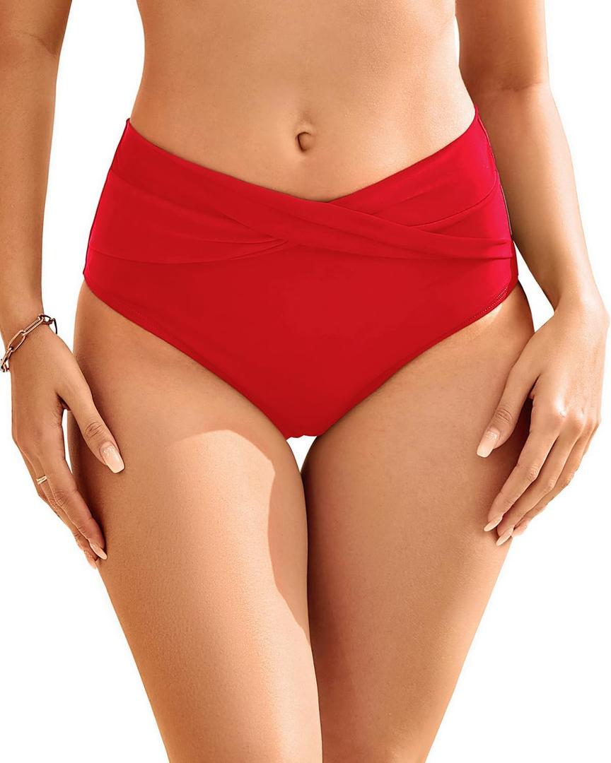 Women Full Coverage Bikini Bottom - V Cut Bathing Suit Bottoms Mid Waist Twist Front Swimsuit Bottom Swimwear 2025 (X-Large, Red)