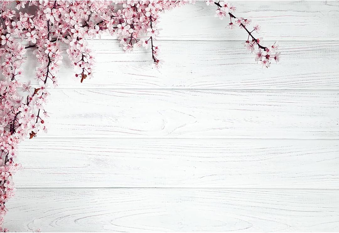 7x5ft Valentine's Day Backdrop Countryside Rustic White Wood Plank with Wood Texture Spring Pink Blossom Peach Apricot Cherry Background Children Baby Adults Portraits Backdrop