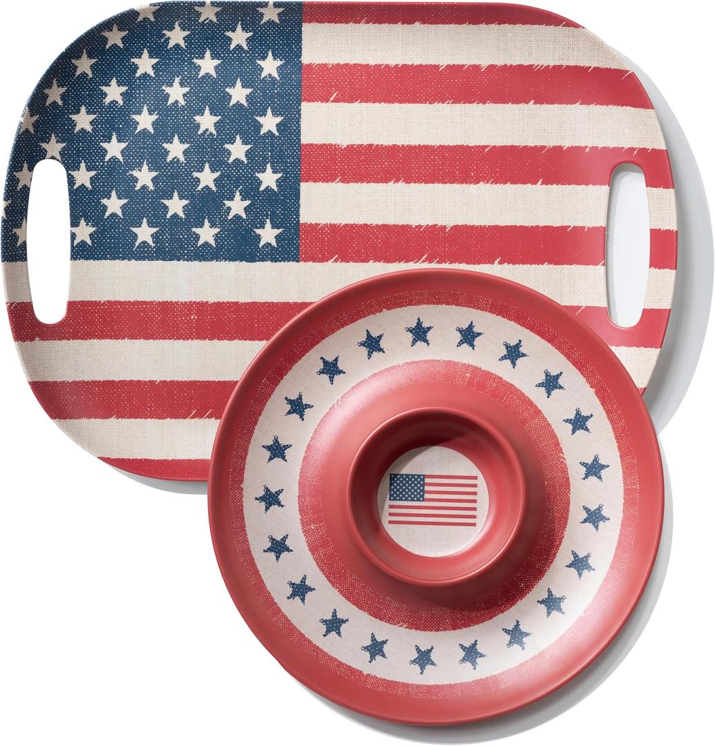 KINGEN American Flag Patriotic Theme Party Supplies, 17.3'' Rectangle and 13'' Round Set of 2 Extra-Large Bamboo Serving Trays, Entertaining, Independence Day, Reusable and Dishwasher Safe