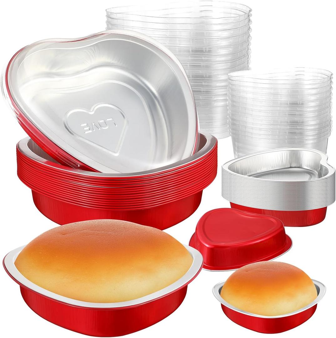 Meanplan 30 Pack Heart Shaped Cake Pans 21 oz, 9 oz Aluminum Heart Shaped Foil Pan Disposable Valentine Cake Baking Mold with Lids Galentine's Day Cupcake Dessert Boxes for Valentine Parties