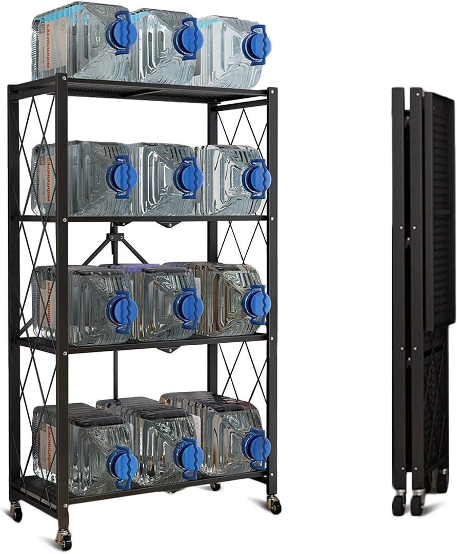 Storage Shelves, Closet Organizers and Storage 4-Shelf Foldable Metal Shelving Units 28" W x 14" D x 50" H for Garage Kitchen Bakers, Collapsible Organizer Rack, Heavy Duty on Wheels (4 -Shelf)