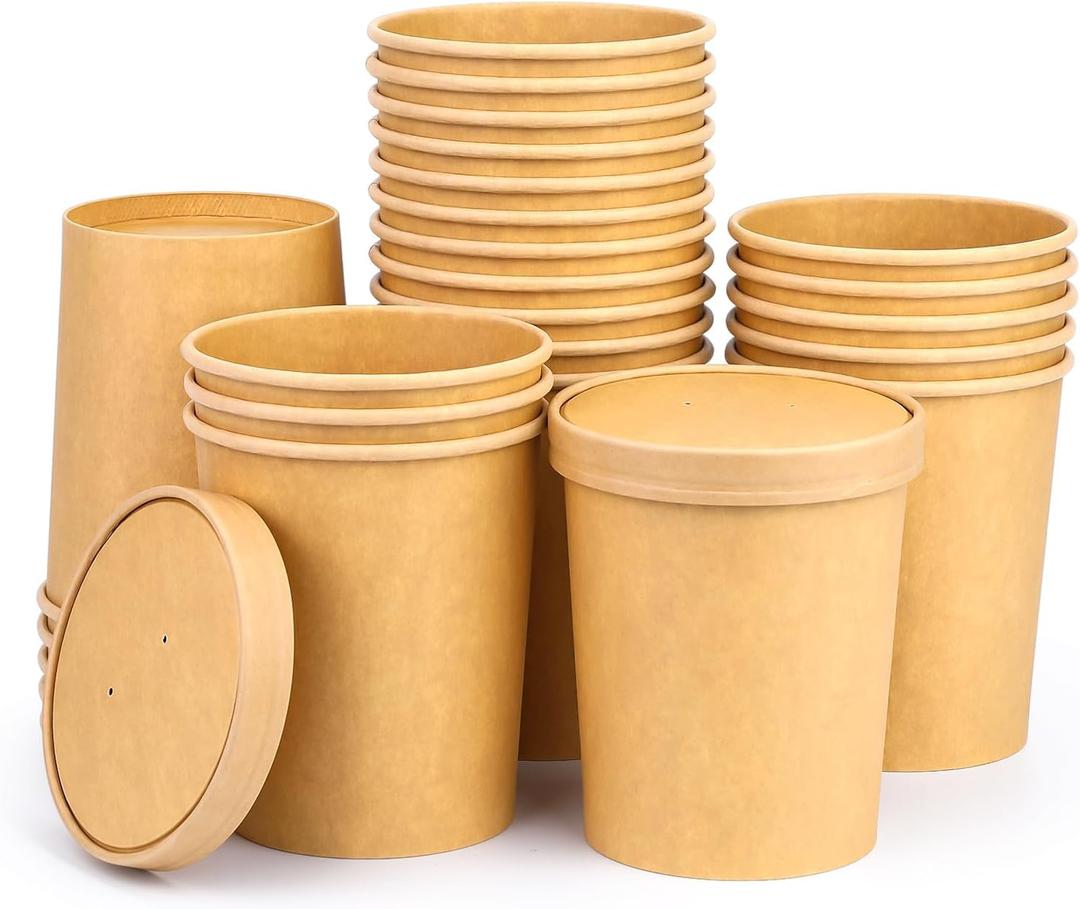 32 Oz Compostable Paper Soup Cups, 25 Pack Kraft Heavy Duty Cups, Disposable Paper Soup Containers with Vented Lids, Microwave Safe Party Cups, Eco Friendly Alternative to Plastic Containers