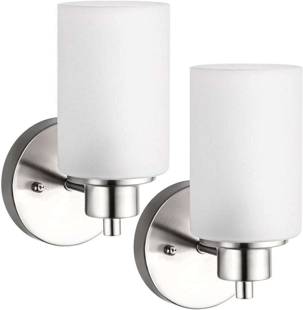 2 Pack Modern Elegant Wall Sconces Bath Vanity Light Fixtures Wall Mounted Lighting Brushed Nickel White Frosted Glass Shade (Silver)