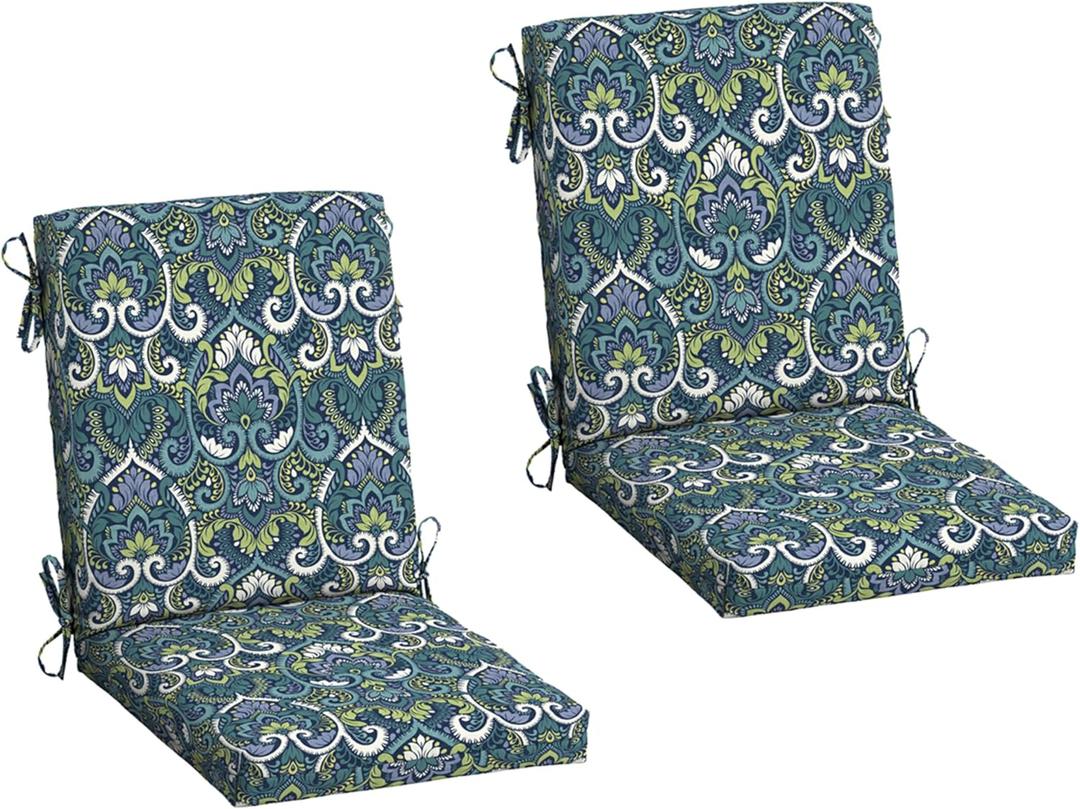 Arden 2-Pack Outdoor Patio Dining Chair Cushion, 20x44, Rain-Proof Seat Pad, Fade-Resistant Outdoor Cushion Sapphire Aurora Blue Damask