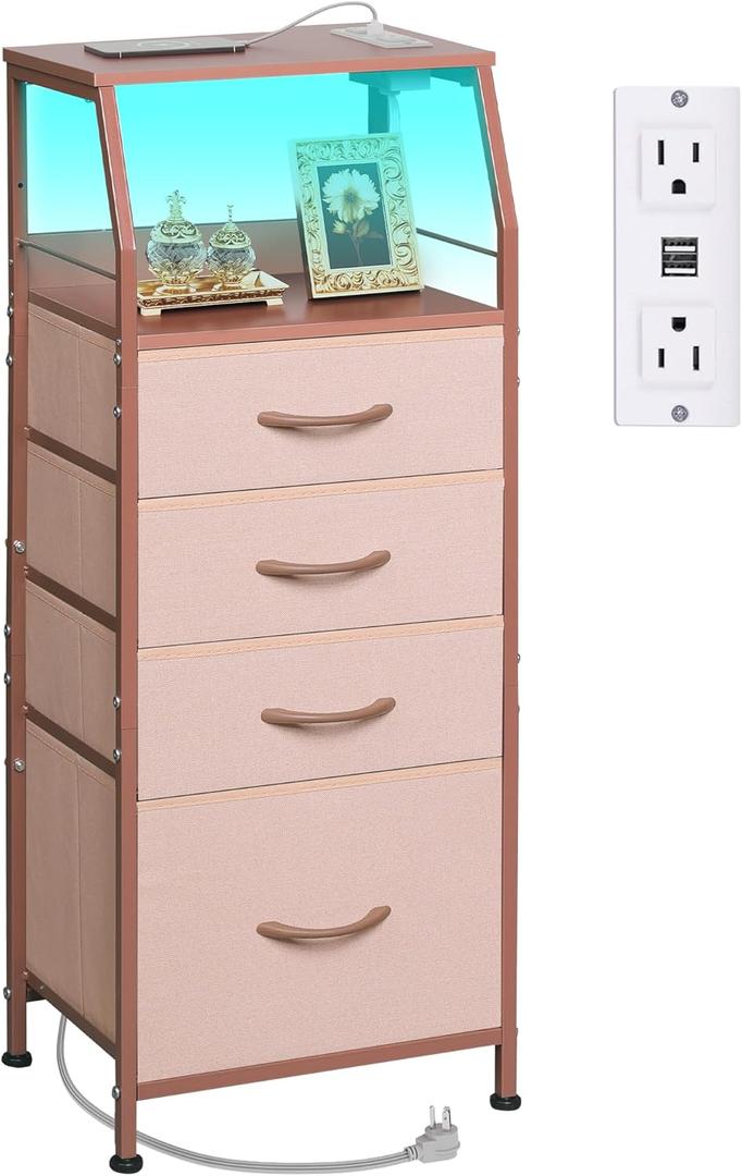 WLIVE 4 Drawer Dresser for Bedroom, 37" H Nightstand with Charging Station and Led Light, Tall Night Stand Bed Side Table, End Table with USB Ports and Outlets, Fabric Bins, Wood Shelf, Pink