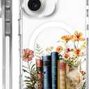 Magnetic Case for iPhone 16 Design On Clear Base, Compatible with MagSafe, Slim Protective Soft TPU Bumper Phone Cover Women Girls Case for iPhone 16 -Clear Book Lover Flower