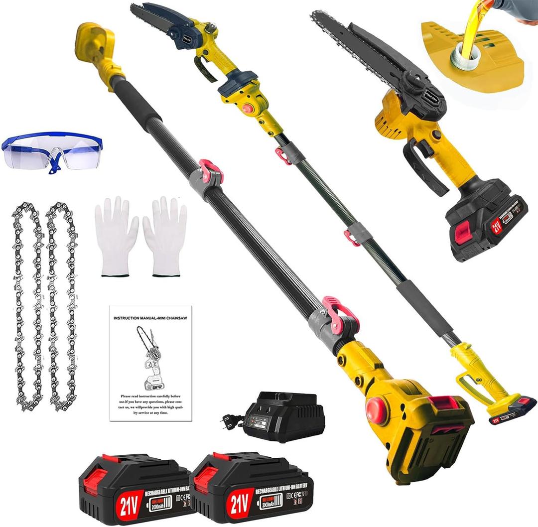 2-in-1 Cordless Pole Saw 6 InchMini Chainsaw, with 2Pcs 2.0Ah Battery Powered Chain Saw, 14 FT Max Reach Pole Saw, Auto Oiling System Pole Chainsaw for Tree Trimming, Wood Cutting