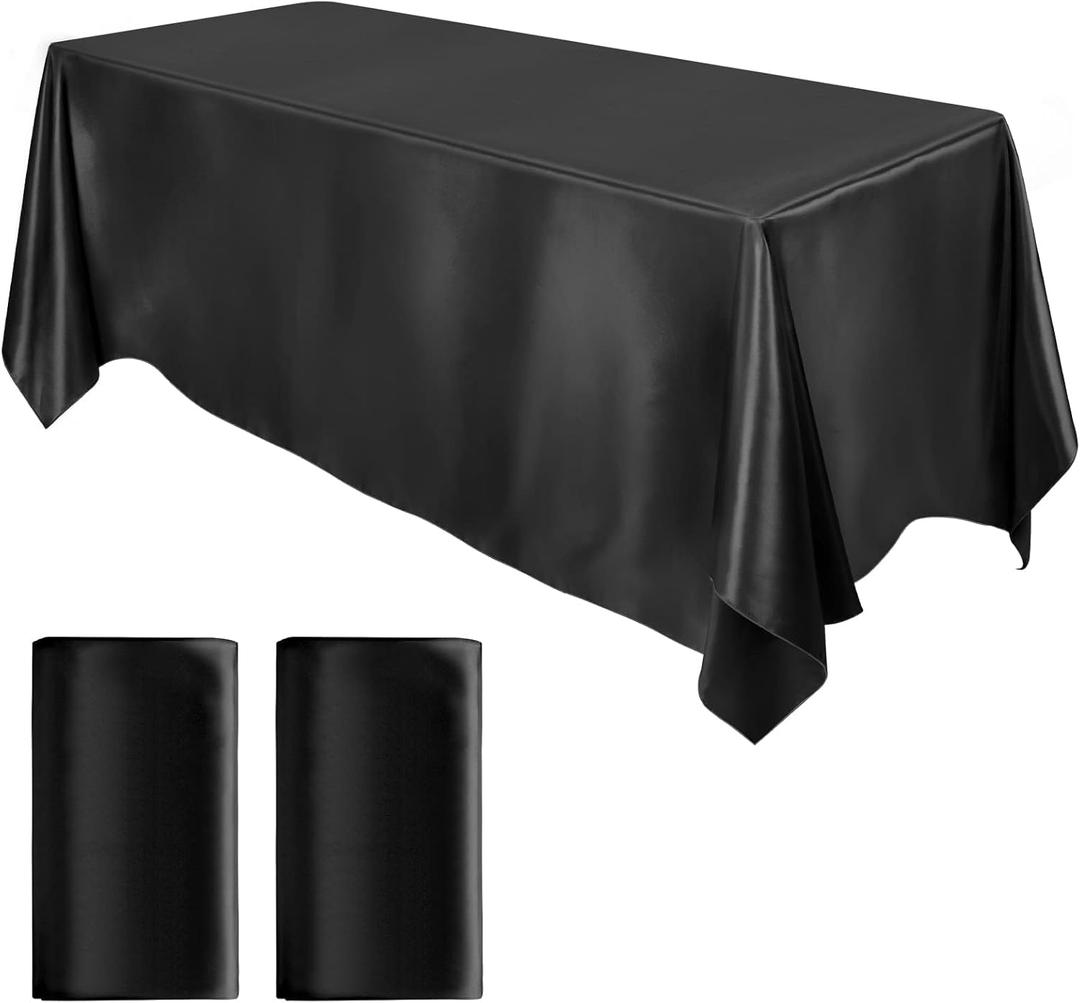 MCEAST 2 Packs Satin Tablecloth 102 x 58 Inches Rectangular Table Overlay Cover Bright Silk Tablecloth Smooth Fabric Table Decor for Wedding Banquet Decoration (Black)