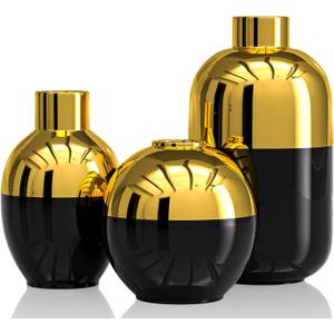 Blcka Glossy Gold Ceramic Flower Vase Set of 3,Gold Modern Round Decorative Vases for Pampas Grass Home Decor,Bedroom,Office,Living Room,Bookshelf,Wedding,Bathroom Table Centerpiece (Black)