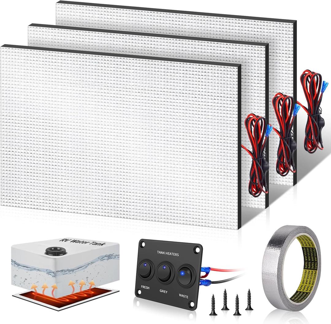 Boltigen 3pcs RV Water Tank Heater Pad, 12V/13.5V Thicker Heating Anti-Freeze Pad Kit with Automatic Thermostat & On/Off Switch for RV Holding Tanks Up to 50 Gallons, Camper, Trailer, Boat, Motorhome