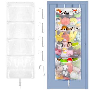 Over Door Stuffed Animal Storage, Hanging Plush Toy Organizer Holder | Behind Door Organizer with 4 Large Pockets, Mesh Hammock Bag for Doll & Bear Stuffies, Idea for Girl Boy Kid Nursery Closet