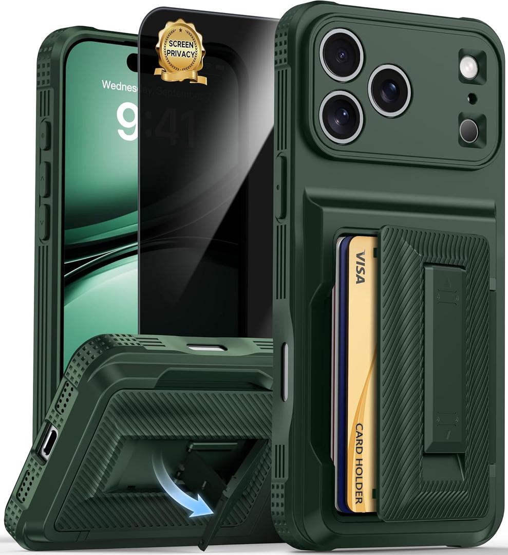for iPhone 17 Pro Case Wallet with Card Holder (4-5Cards) +1 Privacy Screen Protector,[RFID Blocking][Kickstand][Military Drop Protection] Full Camera Protection Wallet Case for iPhone 17 Pro (Green)