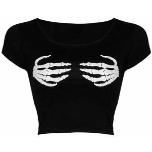 Women’s Halloween Skeleton Hand Print Tops – Strapless Tube, Cami Bra & Crop Tee – Gothic Party, Festival & Casual Outfits M