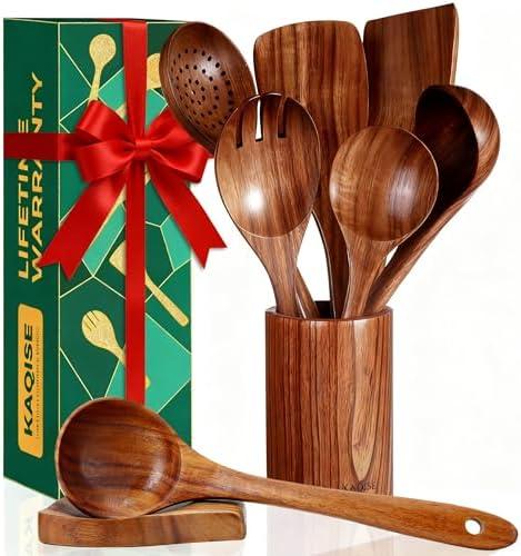 KAQISE 4Pcs Set of Wooden Kitchen Utensils with Holder & Spoon Rest, KAQISE Wooden Spoons&Spatulas for Cooking, Teak Utensils Set for Cooking, Handcrafted Nontoxic Wood Cooking Utensils for Xmas Gifts