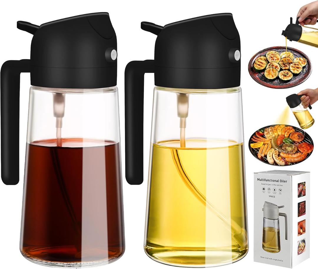 2 Pack Oil Dispenser Bottle for Kitchen,2 in 1 Oil Dispenser and Oil Sprayer,16.5oz/470ML Glass Spray Bottle with Premium Nozzle,Air Fryer Accessories for kitchen,Salad,Baking,BBQ,Frying (Black)
