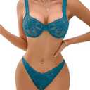 Lilosy Sexy Floral Lace Scallop Underwire Push Up Sheer Lingerie Set Outfits, Small